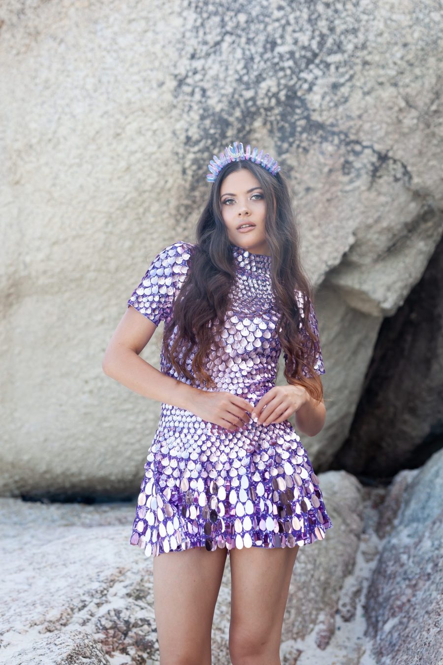 Lilac sequin festival dress with shell-shaped sequins, featuring a built-in bodysuit and flattering, streamlined silhouette for a chic and comfortable fit