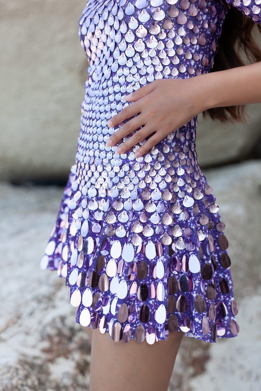 Lilac sequin festival dress with shell-shaped sequins, featuring a built-in bodysuit and flattering, streamlined silhouette for a chic and comfortable fit