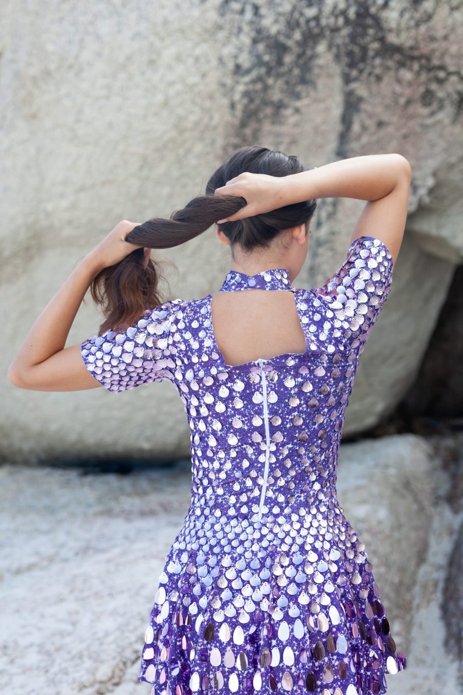 Lilac sequin festival dress with shell-shaped sequins, featuring a built-in bodysuit and flattering, streamlined silhouette for a chic and comfortable fit