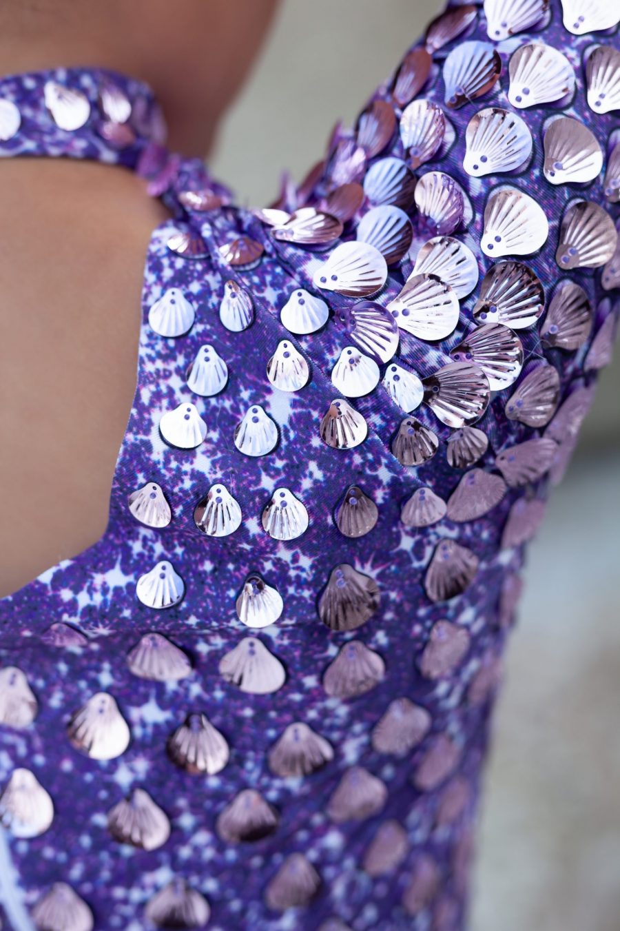 Lilac sequin festival dress with shell-shaped sequins, featuring a built-in bodysuit and flattering, streamlined silhouette for a chic and comfortable fit