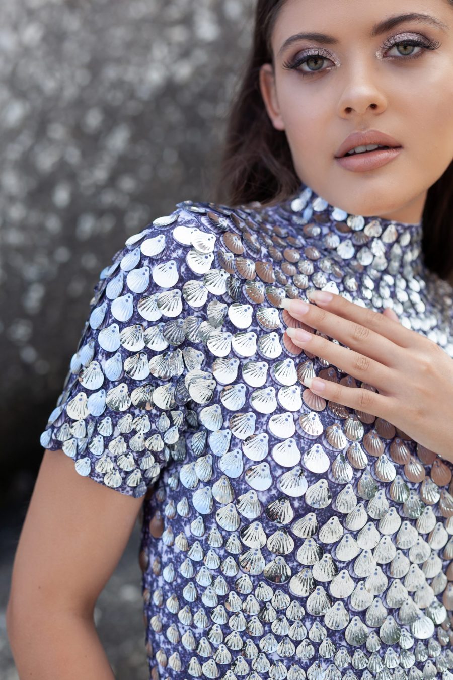 Silver shell sequin festival dress with a deep purple base, featuring a built-in bodysuit for comfort and a flattering, figure-hugging silhouette