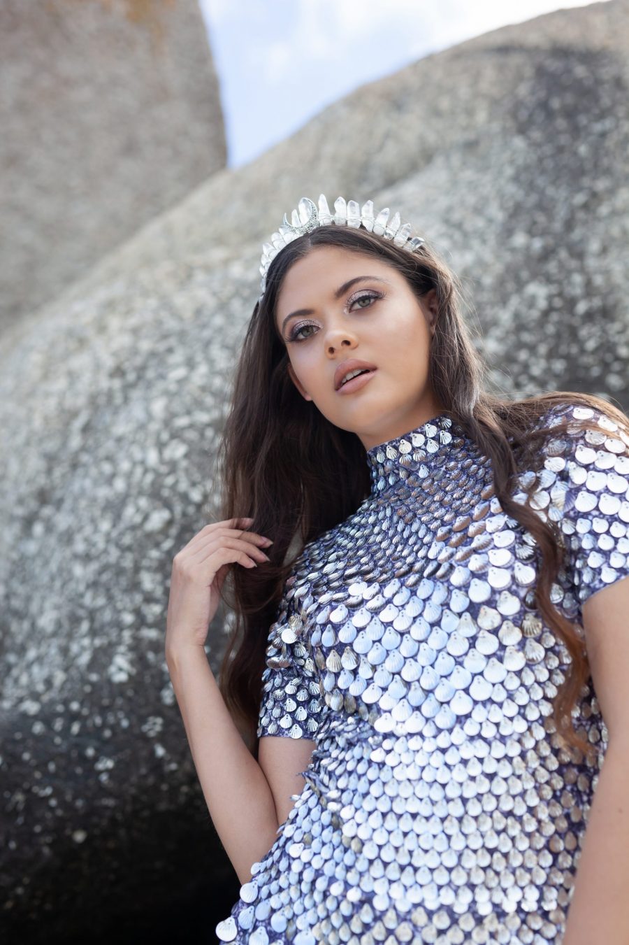 Silver shell sequin festival dress with a deep purple base, featuring a built-in bodysuit for comfort and a flattering, figure-hugging silhouette