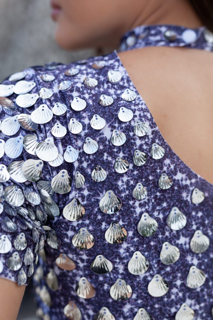 Silver shell sequin festival dress with a deep purple base, featuring a built-in bodysuit for comfort and a flattering, figure-hugging silhouette