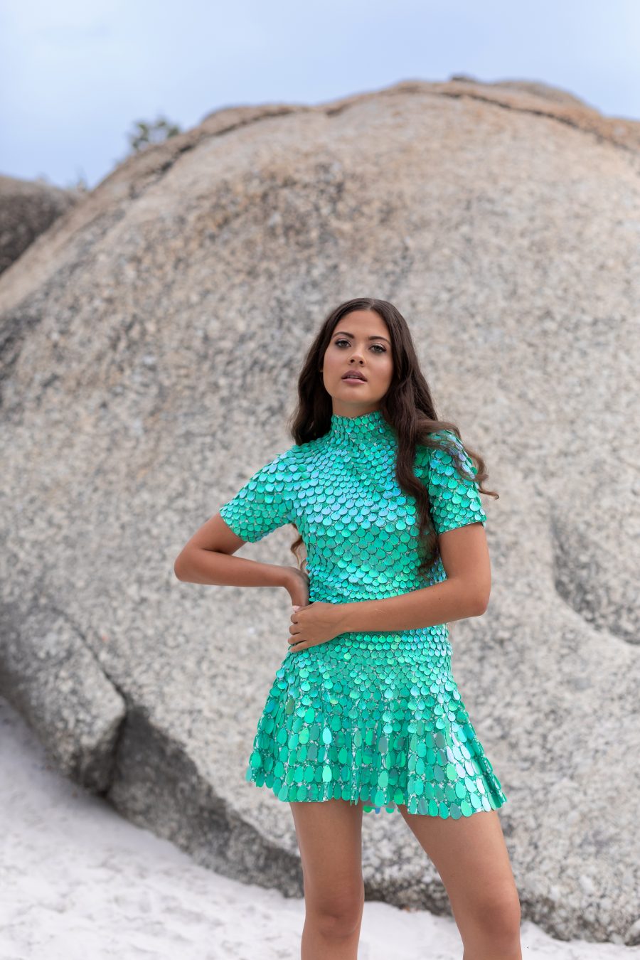 Iridescent green sequin dress with all over shimmer and a built in bodysuit