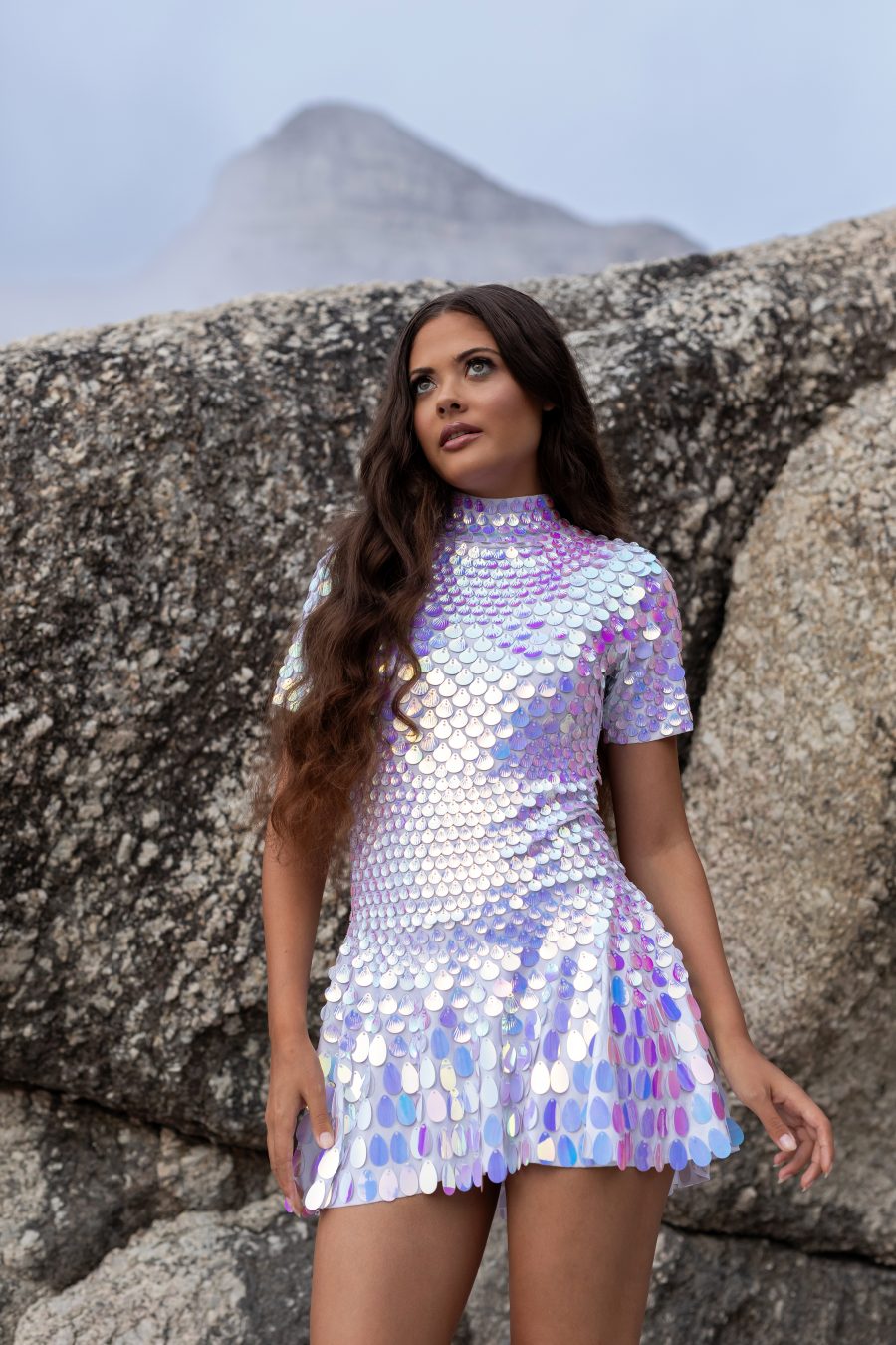 Iridescent shell sequin dress with colour shifting finish